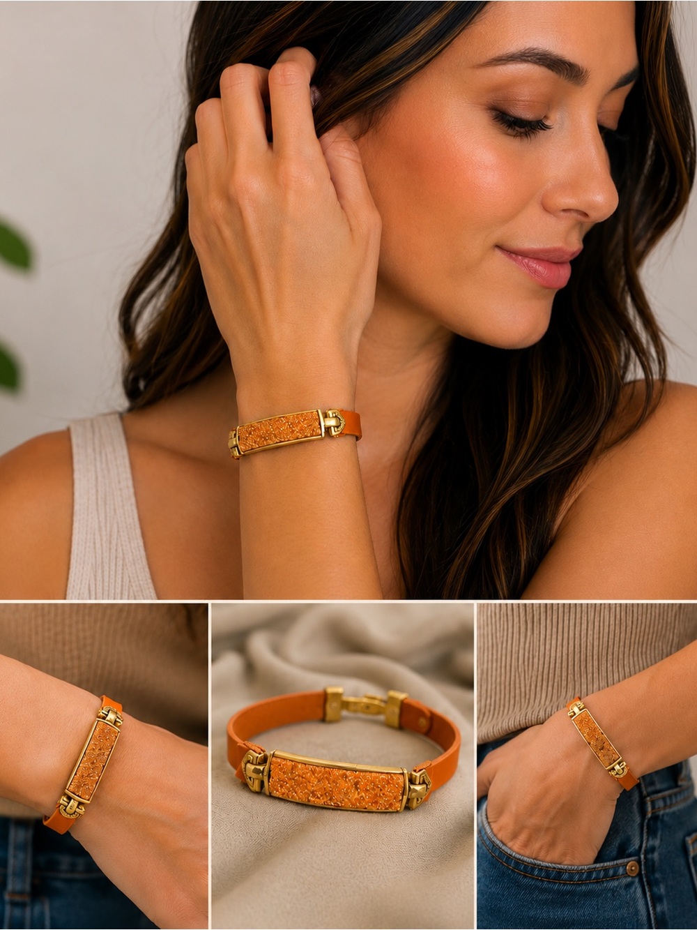 Silpada Brown Druzy Leather Bracelet – Sterling Silver 925 Adjustable Bracelet